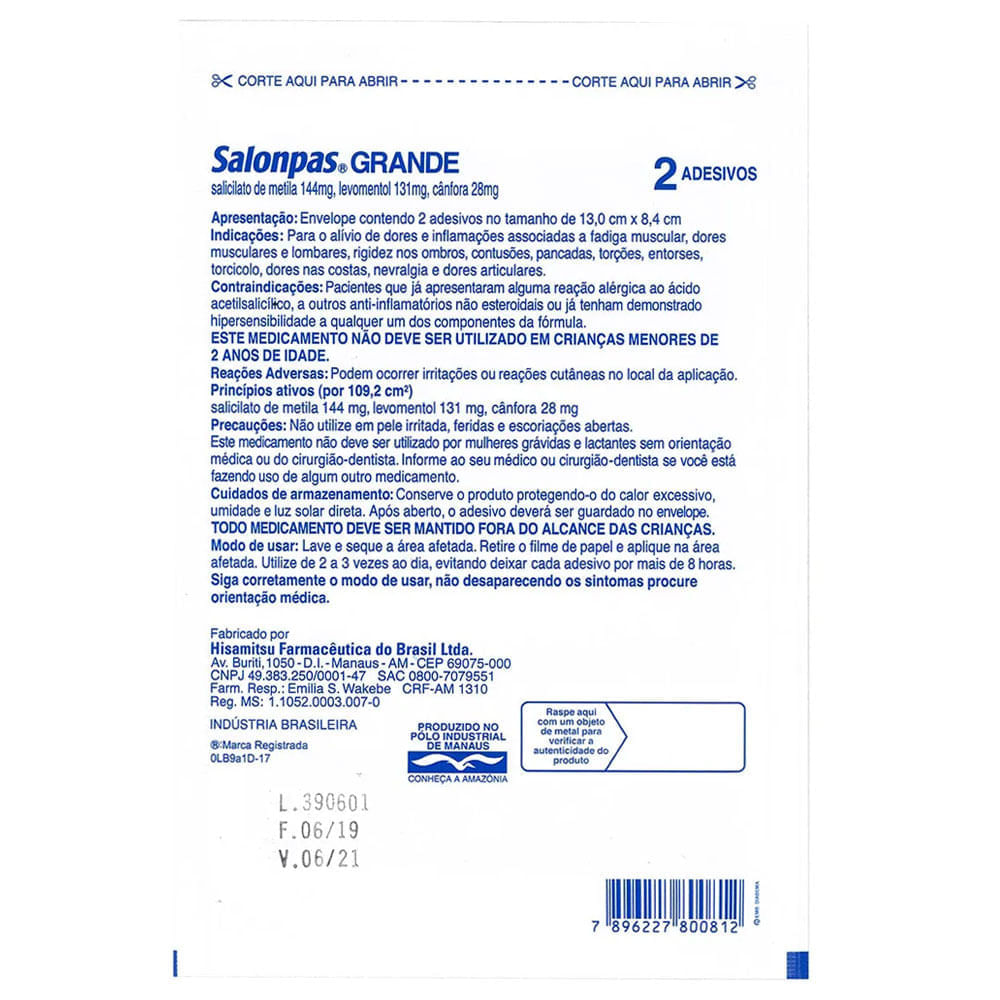 Encontraproduto.com.br - Analgésico e Anti-inflamatório Salonpas 144mg + 131mg + 28,4mg Adesivo Grande 2 Unidades