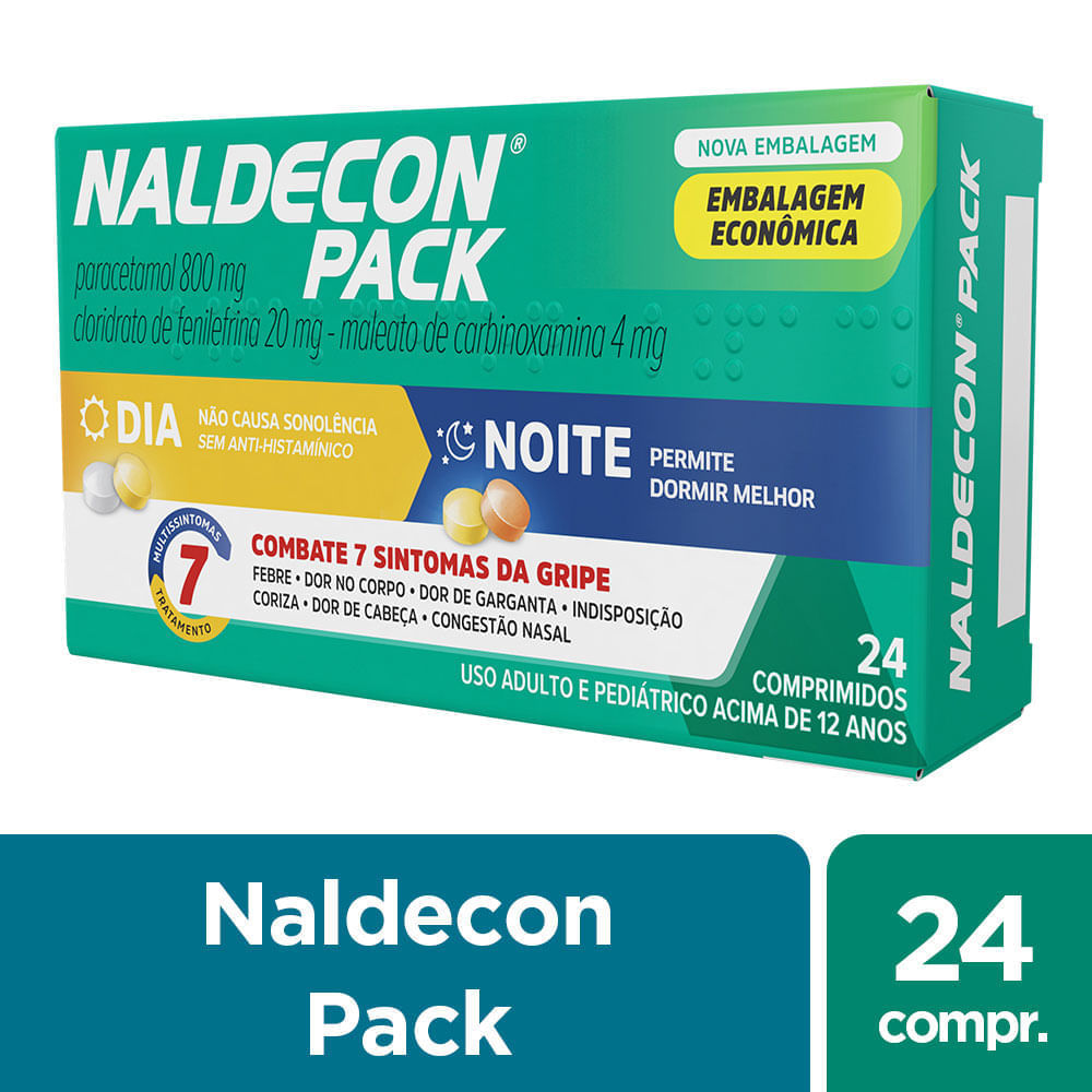Antigripal, Analgésico, Antitérmico e Descongestionante Naldecon Noite 800mg + 20mg 24 Comprimidos