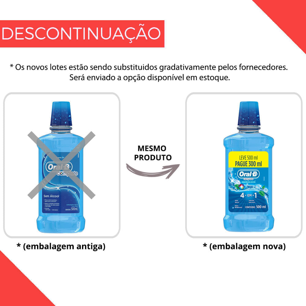 Enxaguante Bucal com Flúor Zero Álcool Menta Refrescante 4 em 1 Oral-B Complete Limpeza Profunda Frasco Leve 500ml Pague 300ml