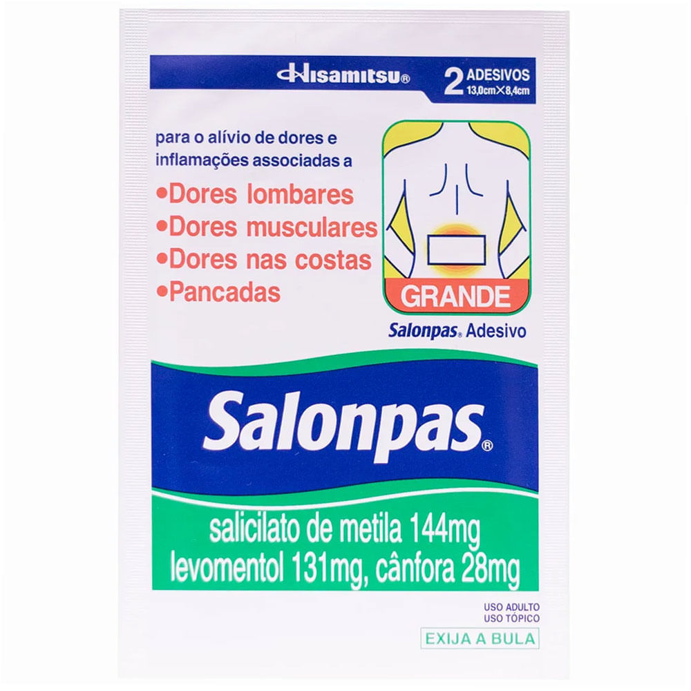 Encontraproduto.com.br - Analgésico e Anti-inflamatório Salonpas 144mg + 131mg + 28,4mg Adesivo Grande 2 Unidades