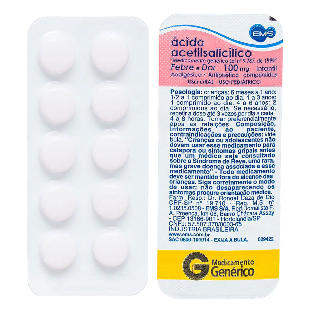 Ácido Acetilsalicílico 100mg 10 comprimidos genérico Ems