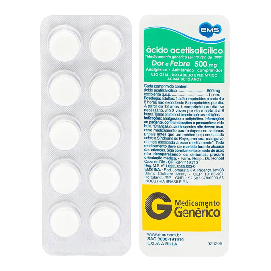 Ácido Acetilsalicílico - EMS 500mg com 10 comprimidos