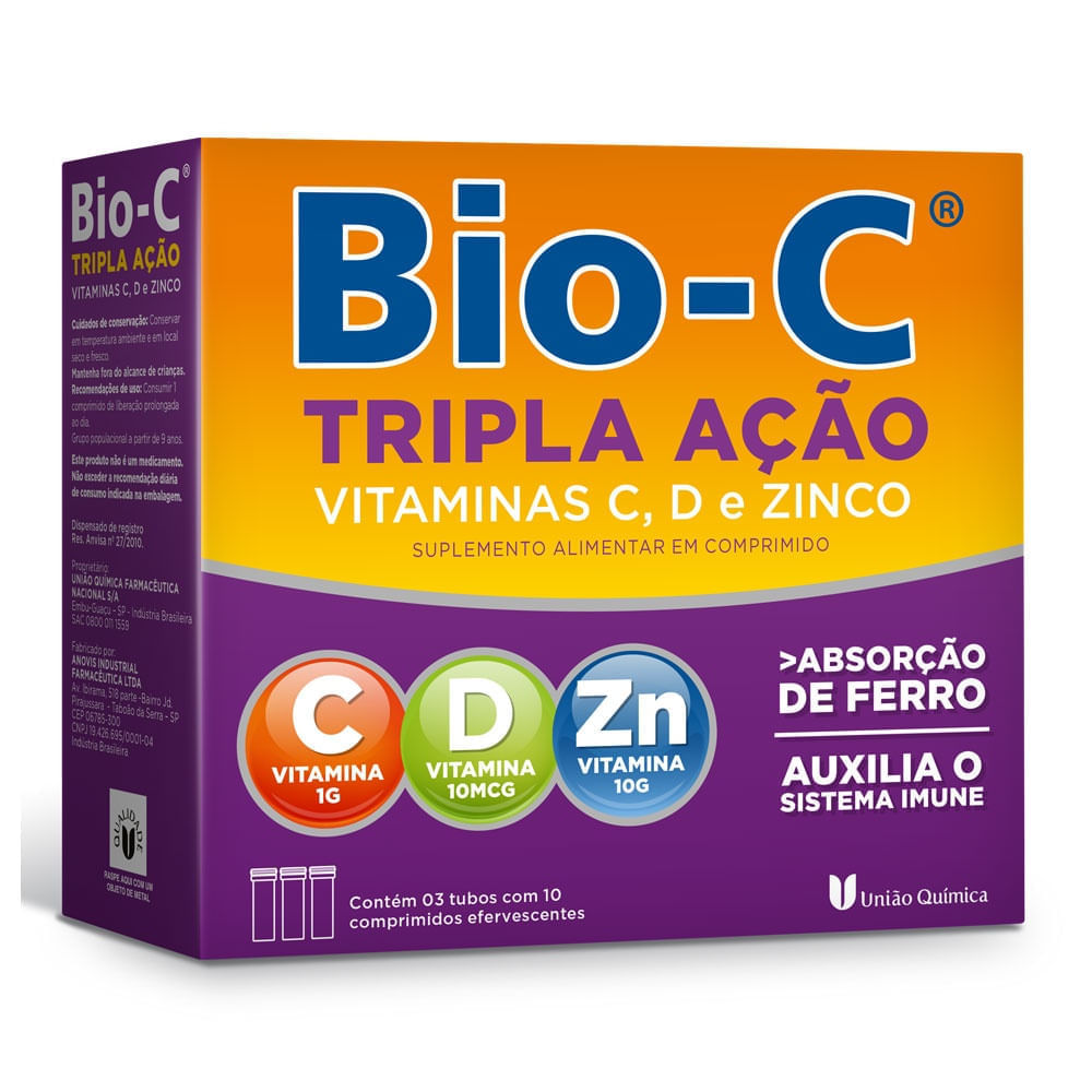 Suplemento Alimentar Bio-C Tripla Ação Sabor Laranja 30 Comprimidos Efervescentes