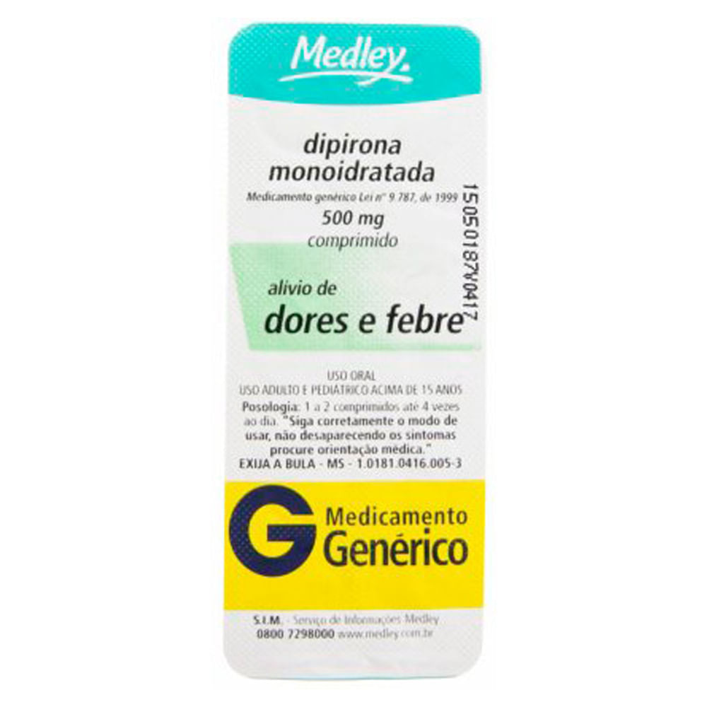 Dipirona Sódica Genérico Medley 500mg | Com 10 Comprimidos