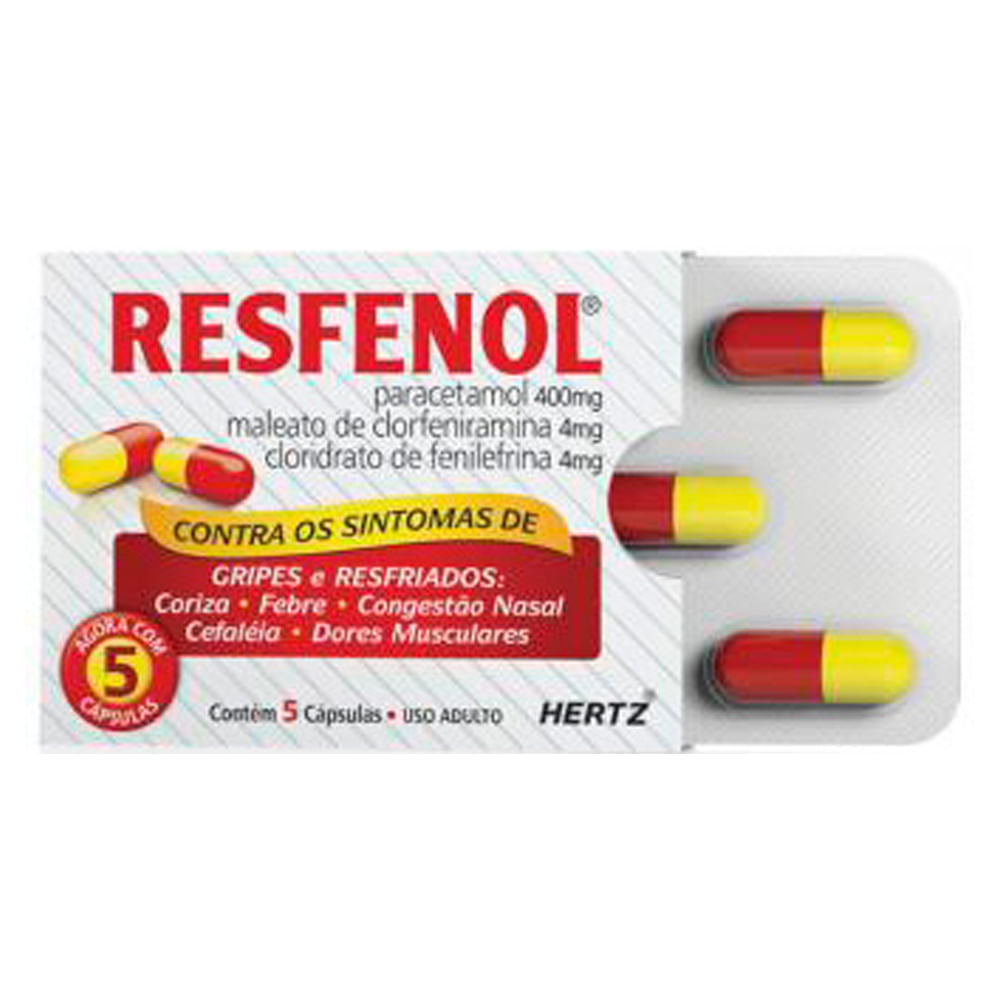 Antigripal, Analgésico, Antitérmico e Descongestionante  Resfenol 400mg + 4mg + 4mg 5 Cápsulas