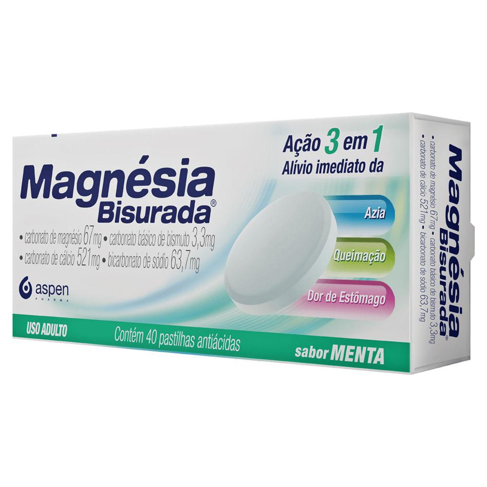 Antiácido Magnésia Bisurada 67mg + 3,3mg + 521mg + 63,7mg 40 Pastilhas