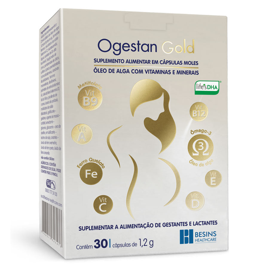Imagem ilustrativa da embalagem das vitaminas pré-natais Ogestan Gold.