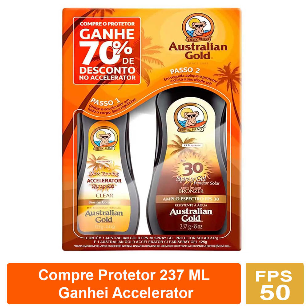 Kit Protetor Solar Australian Gold FPS 30 Spray Gel 237ml + Ganhe 70